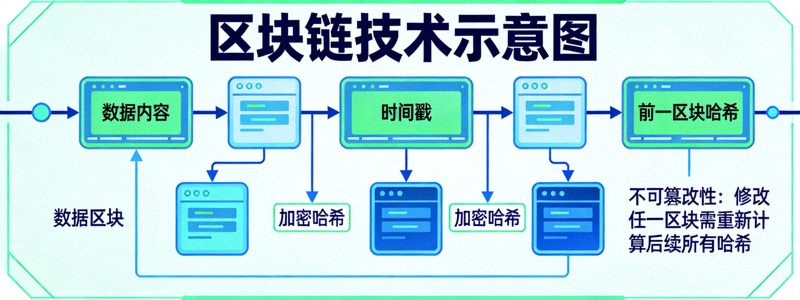 区块链技术示意图 - 展示数据区块如何连接成链并确保不可篡改性